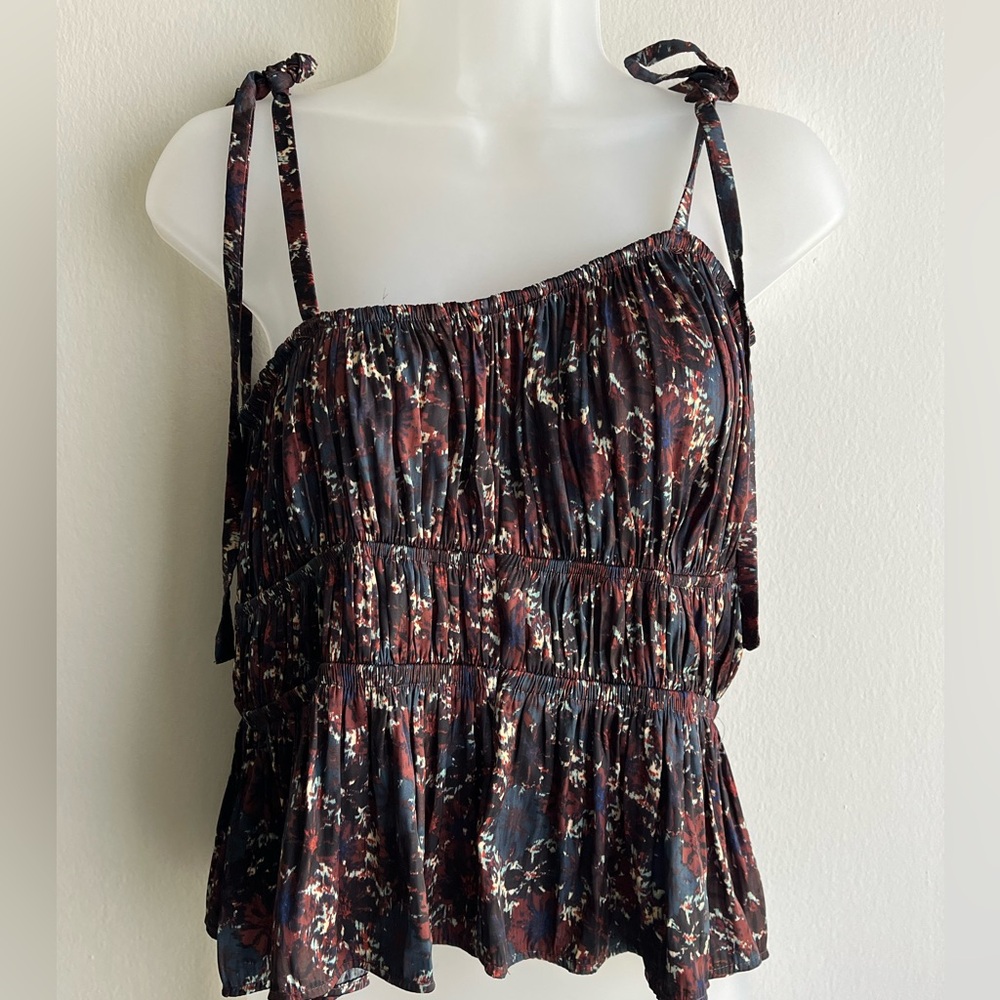 Rachel Zoe Top Black and Burgundy Boho Tie-Shoulder Smocked Peplum Medium